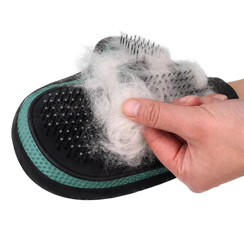 Pet grooming brush with collected fur on a white background