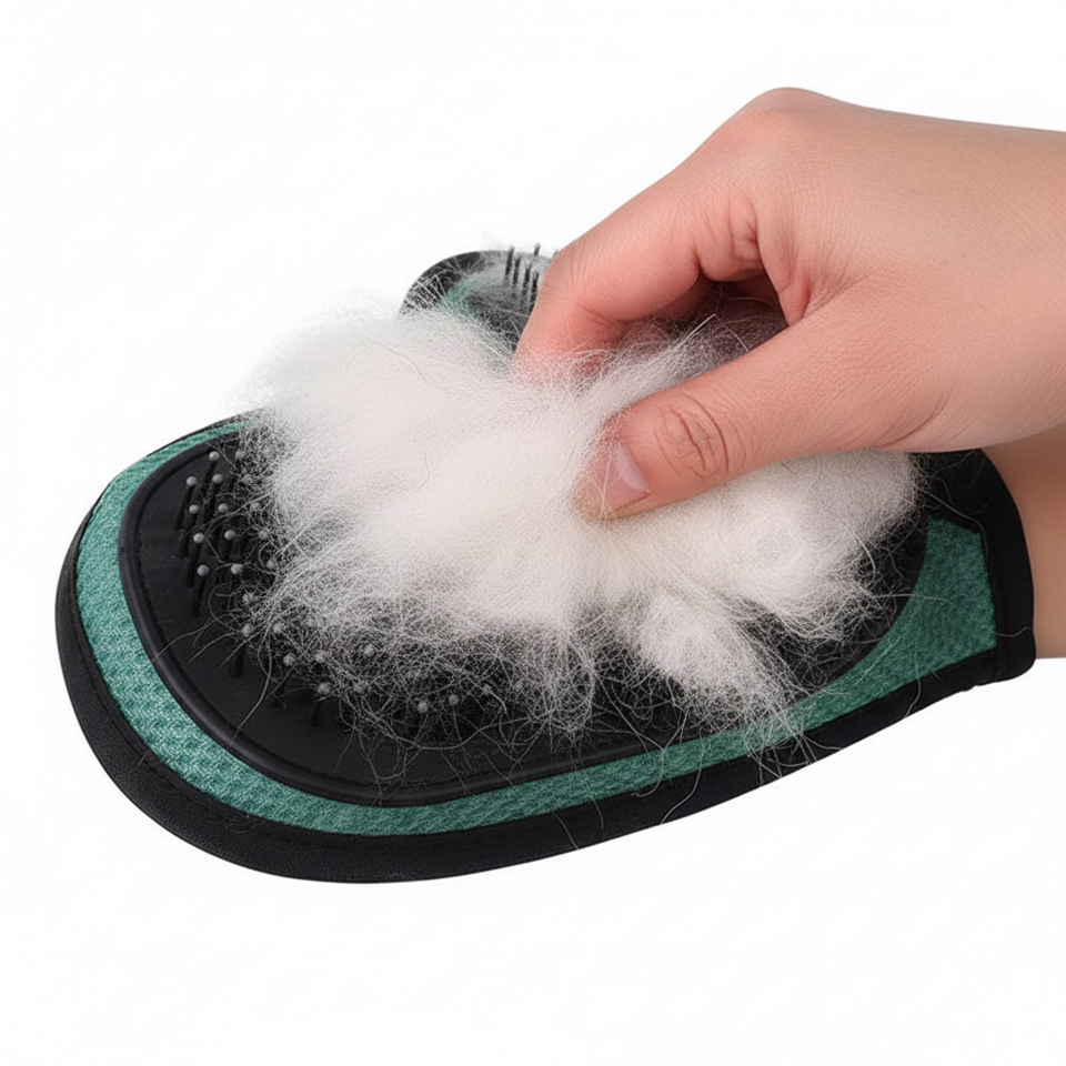 Green silicone pet grooming glove with collected pet fur being removed from rubber bristles