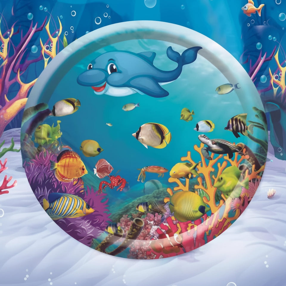 Colorful inflatable pool toy with a dolphin and underwater scene