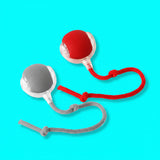 Two dog toys, one red and one gray, with ropes on a white background.