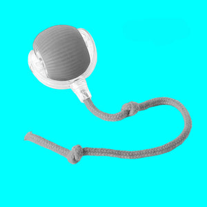 Cat toy with a blue ball and rope, featuring a cat interacting with it on a white background.