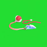 Red toy with a colorful feather on a white background
