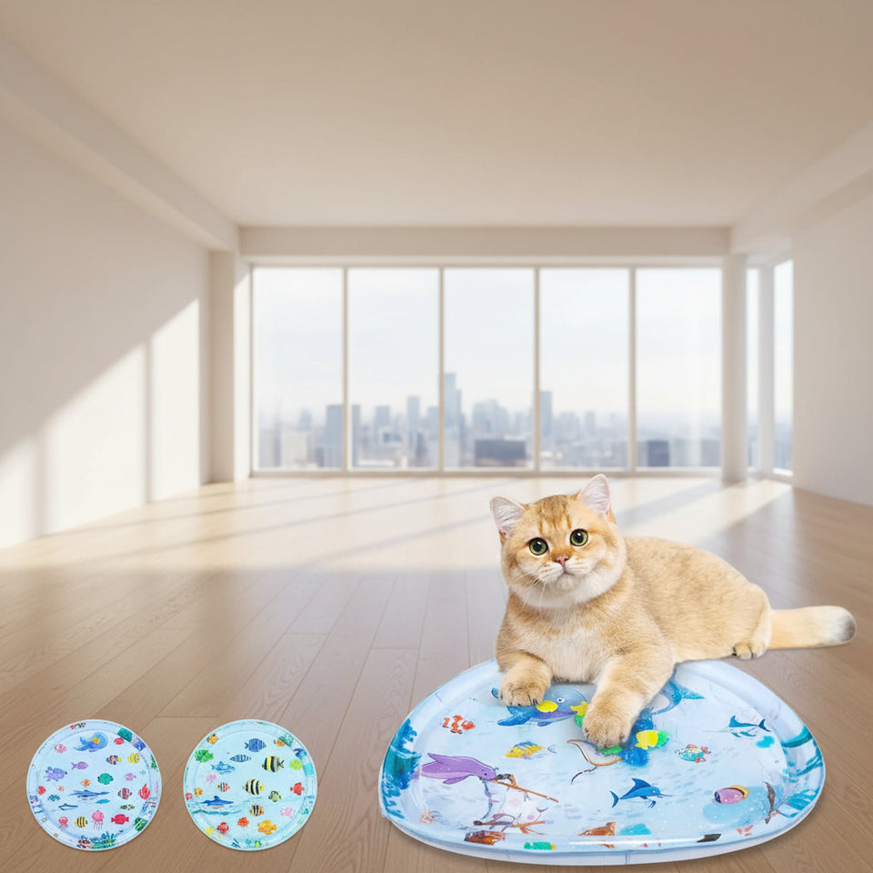 Cat sitting on a inflatable pool with cartoon designs and 'Summer Day' branding.