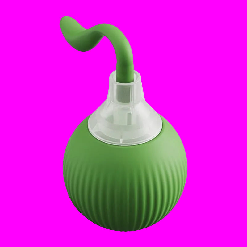 Green ball with a curved handle on a white background