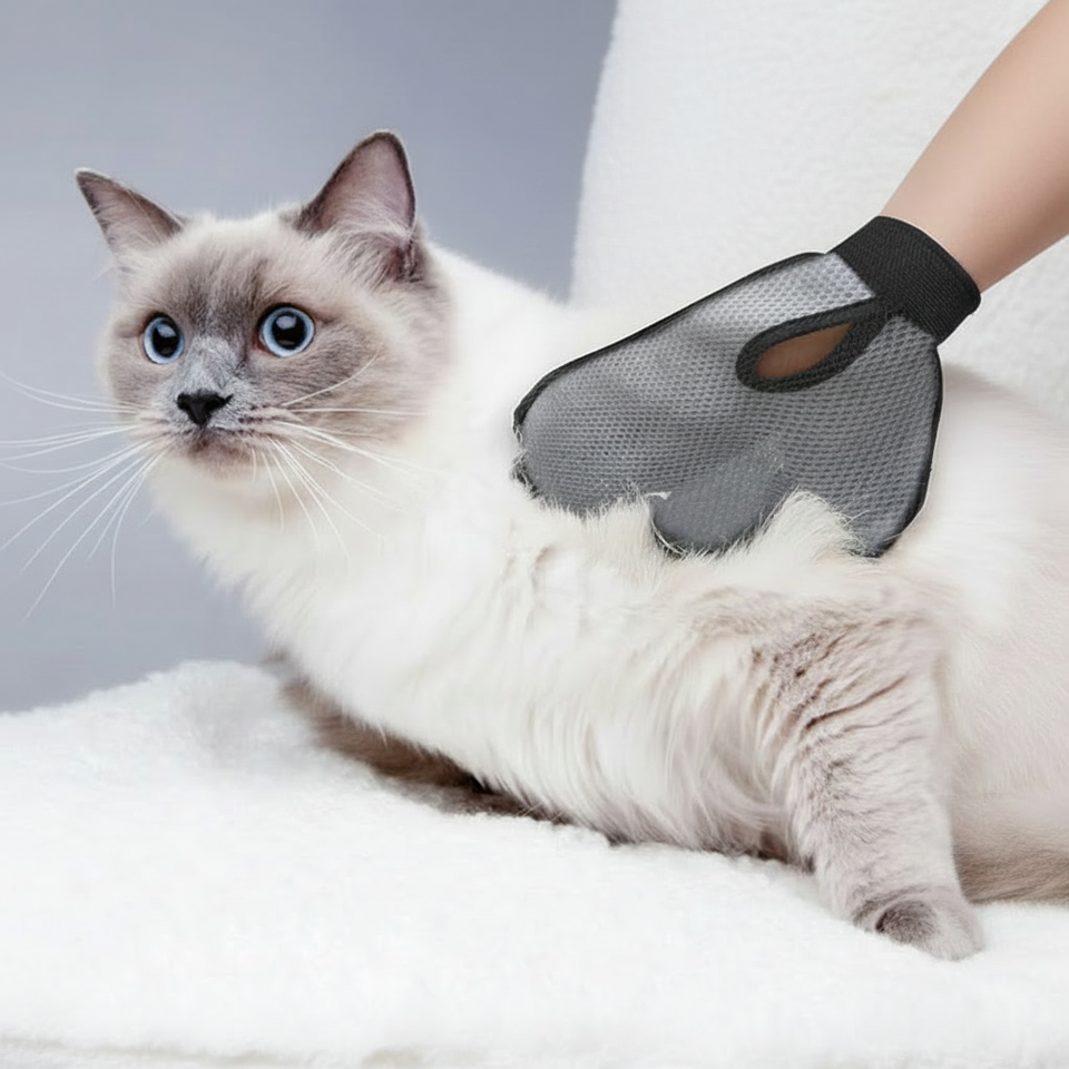 Grey grooming glove on white cat