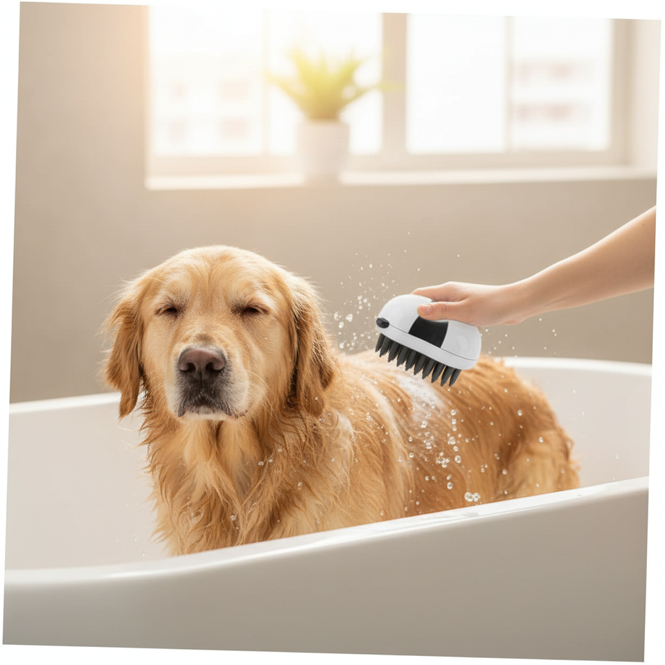 Pet bath brush on golden retriever