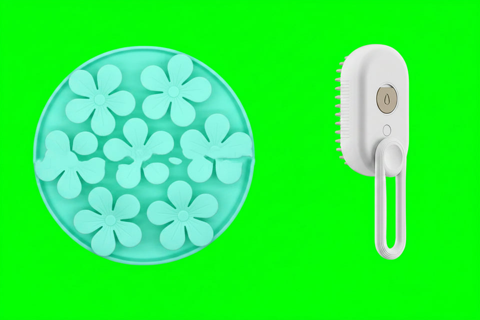 Mint green flower-shaped object and white handheld brush on a white background