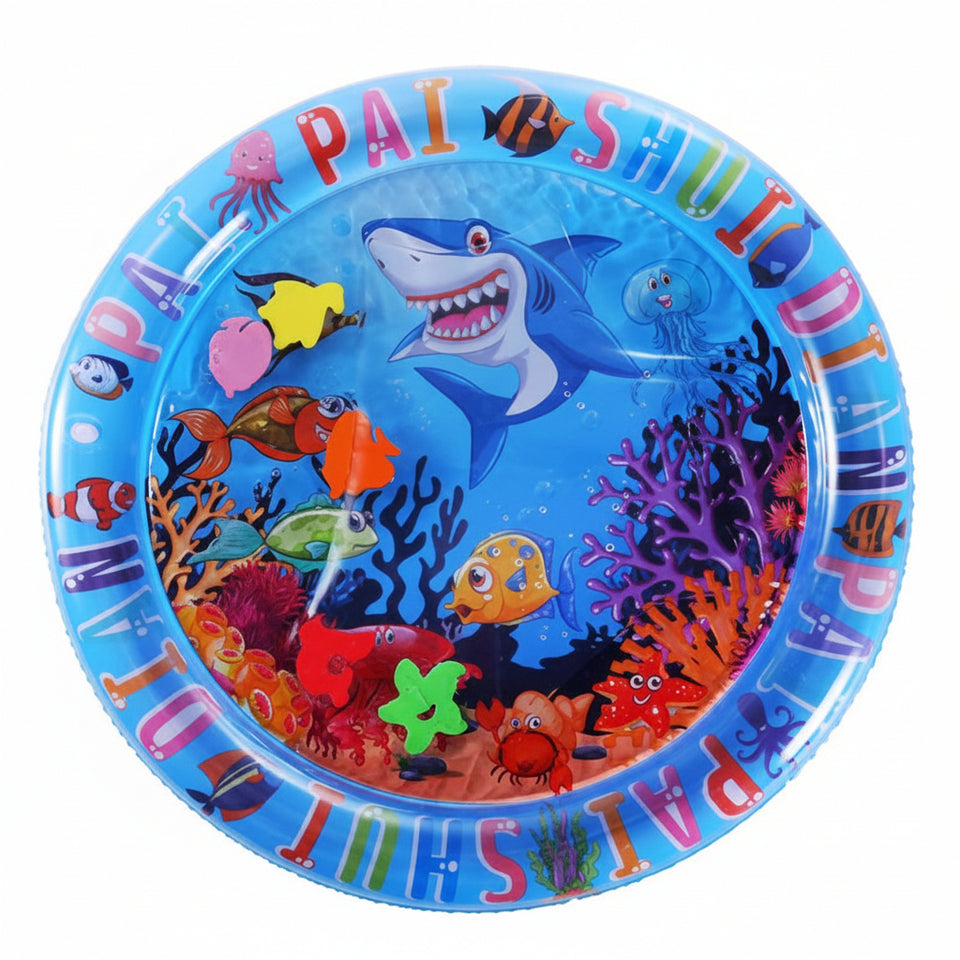 Colorful inflatable pool with shark and fish design, dimensions indicated.