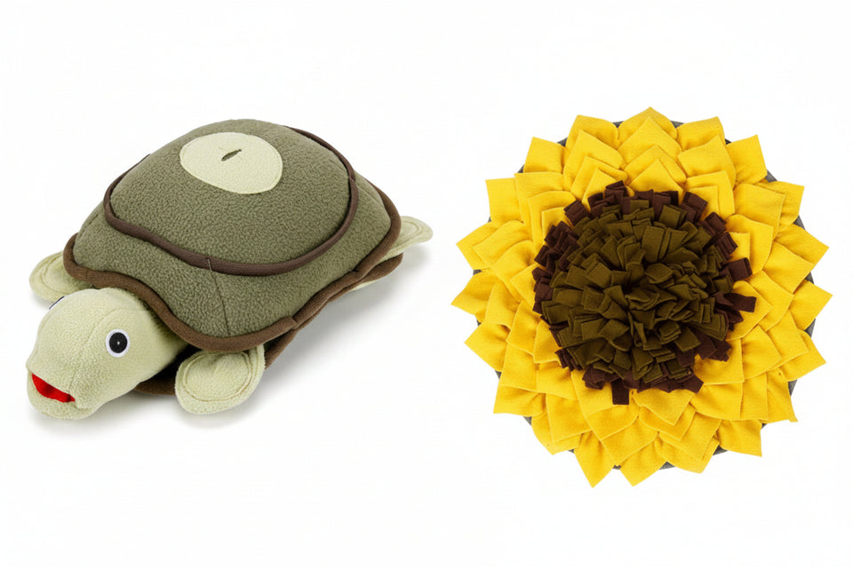 Tortoise-shaped plush toy on the left and sunflower-shaped plush toy on the right.