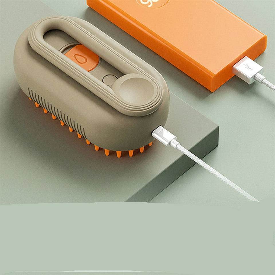 Small handheld device with orange accents connected to a power source on a light green background.