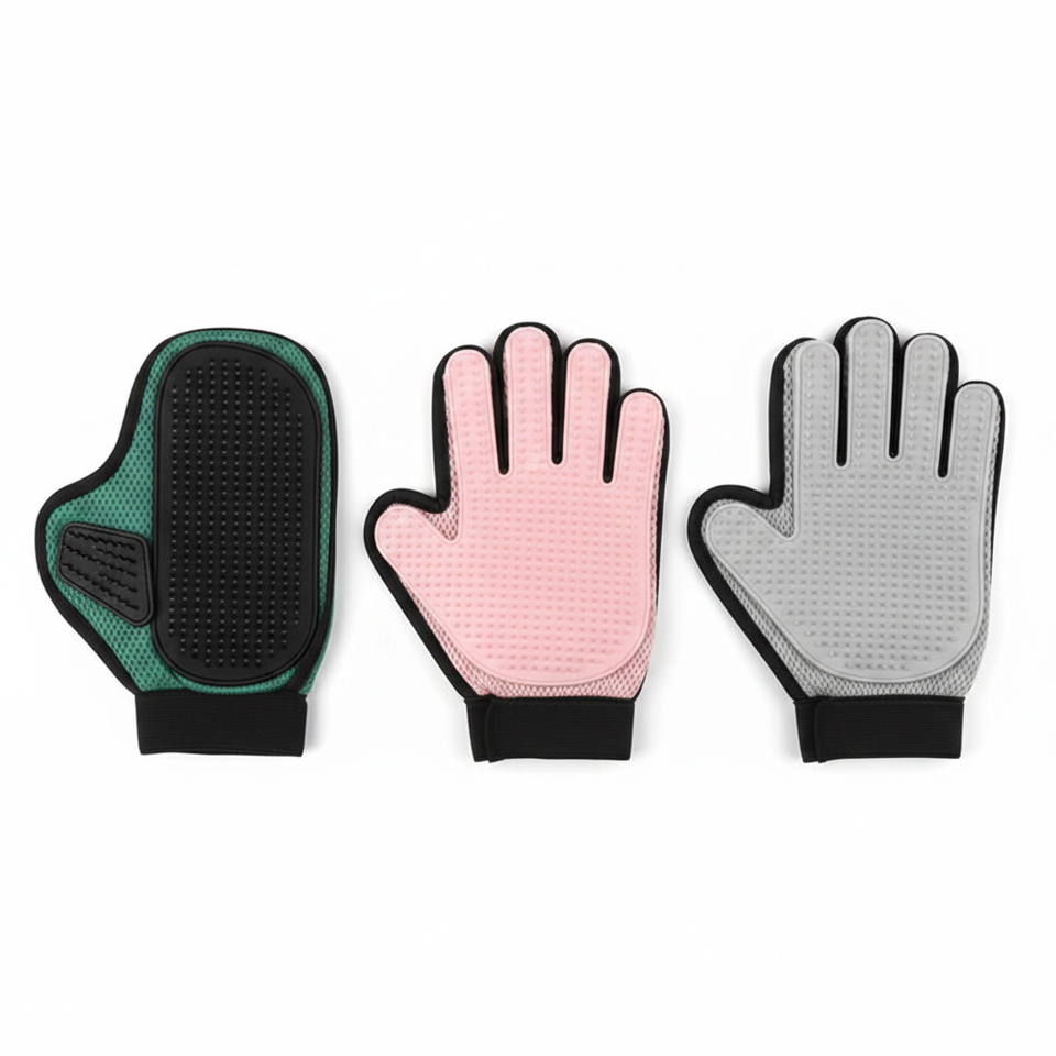 Three pet grooming gloves flat lay