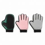 Three pet grooming gloves flat lay