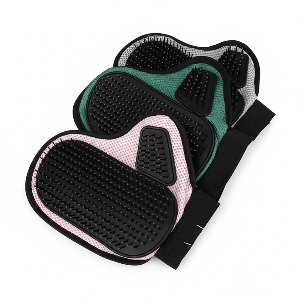 Three stacked pet grooming gloves