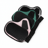 Three stacked pet grooming gloves